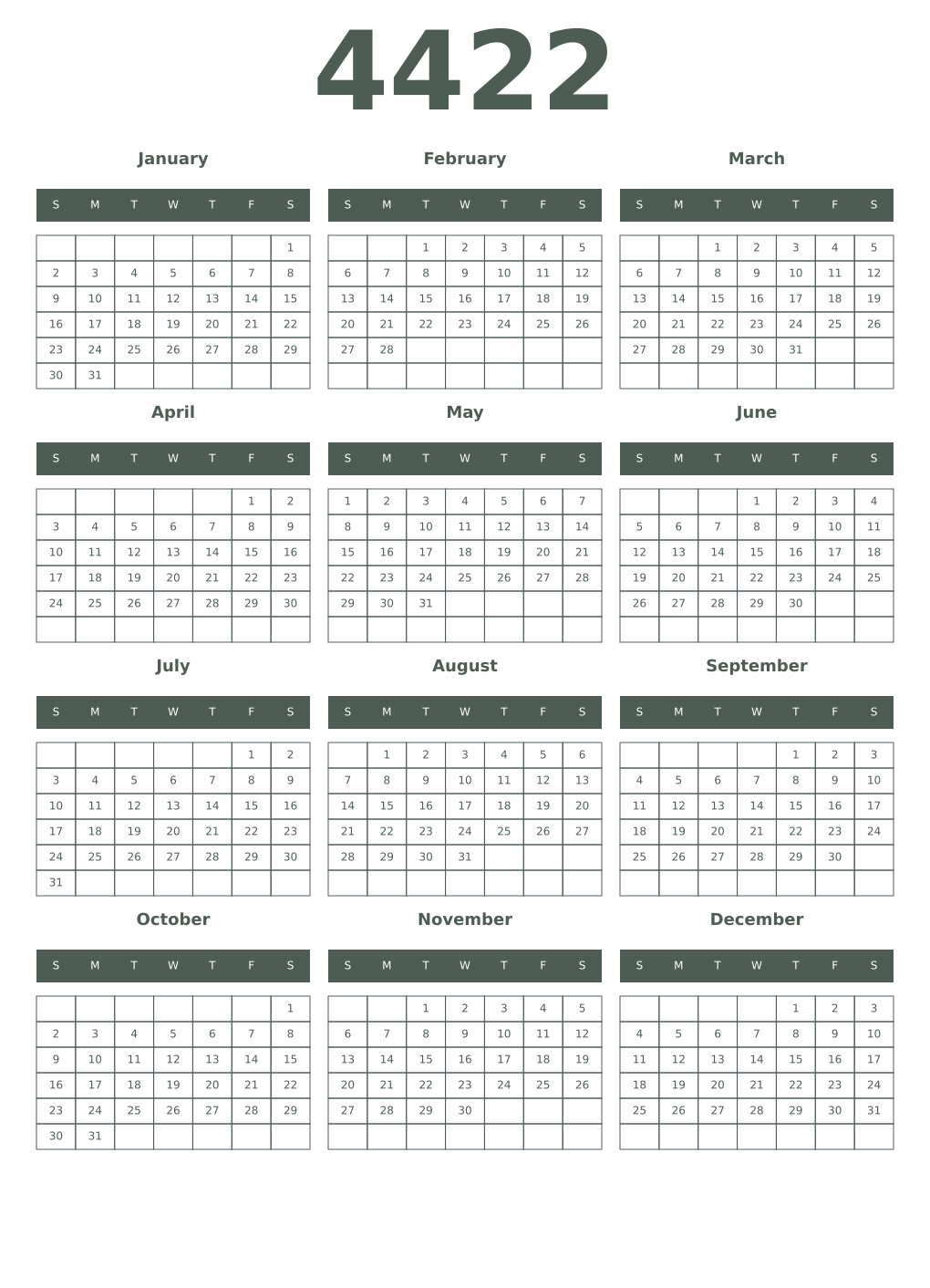 Printable 4422 Year Calendars feldgrau