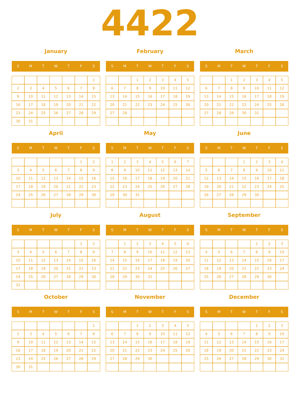 Printable 4422 Year Calendars gamboge