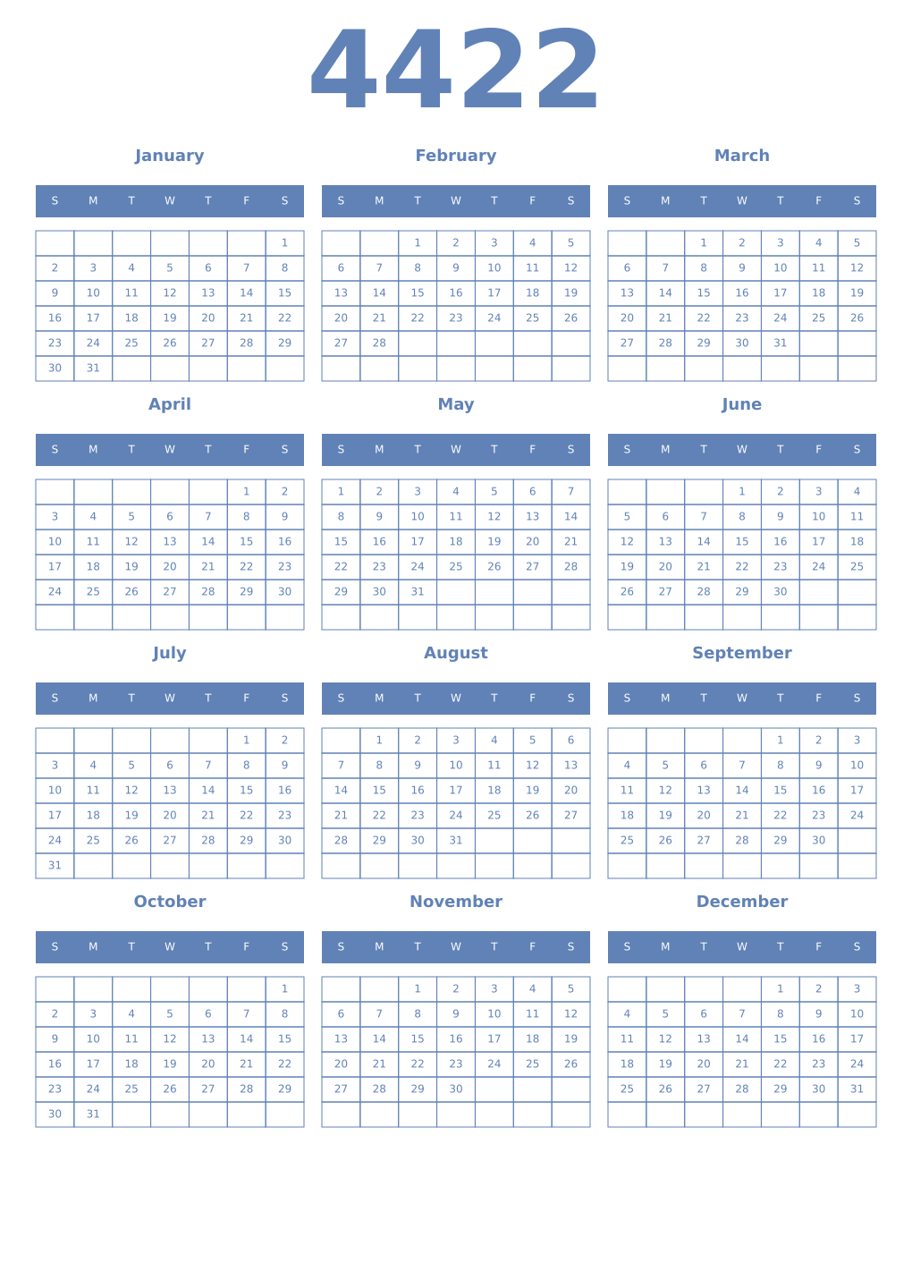 Printable 4422 Year Calendars glaucous