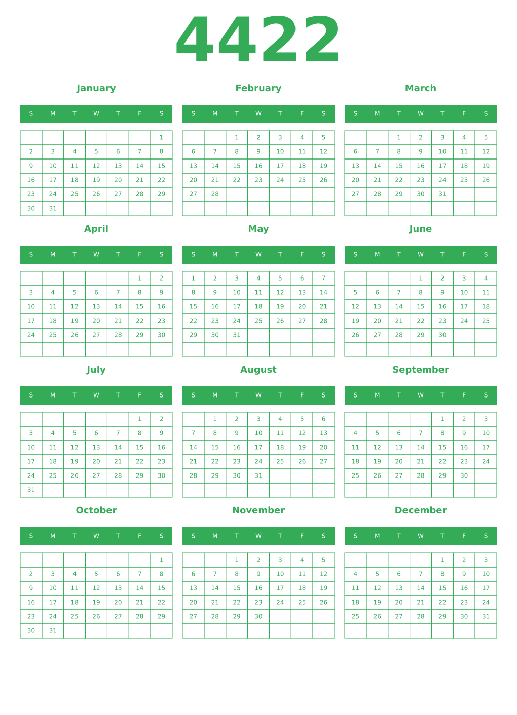 Printable 4422 Year Calendars green