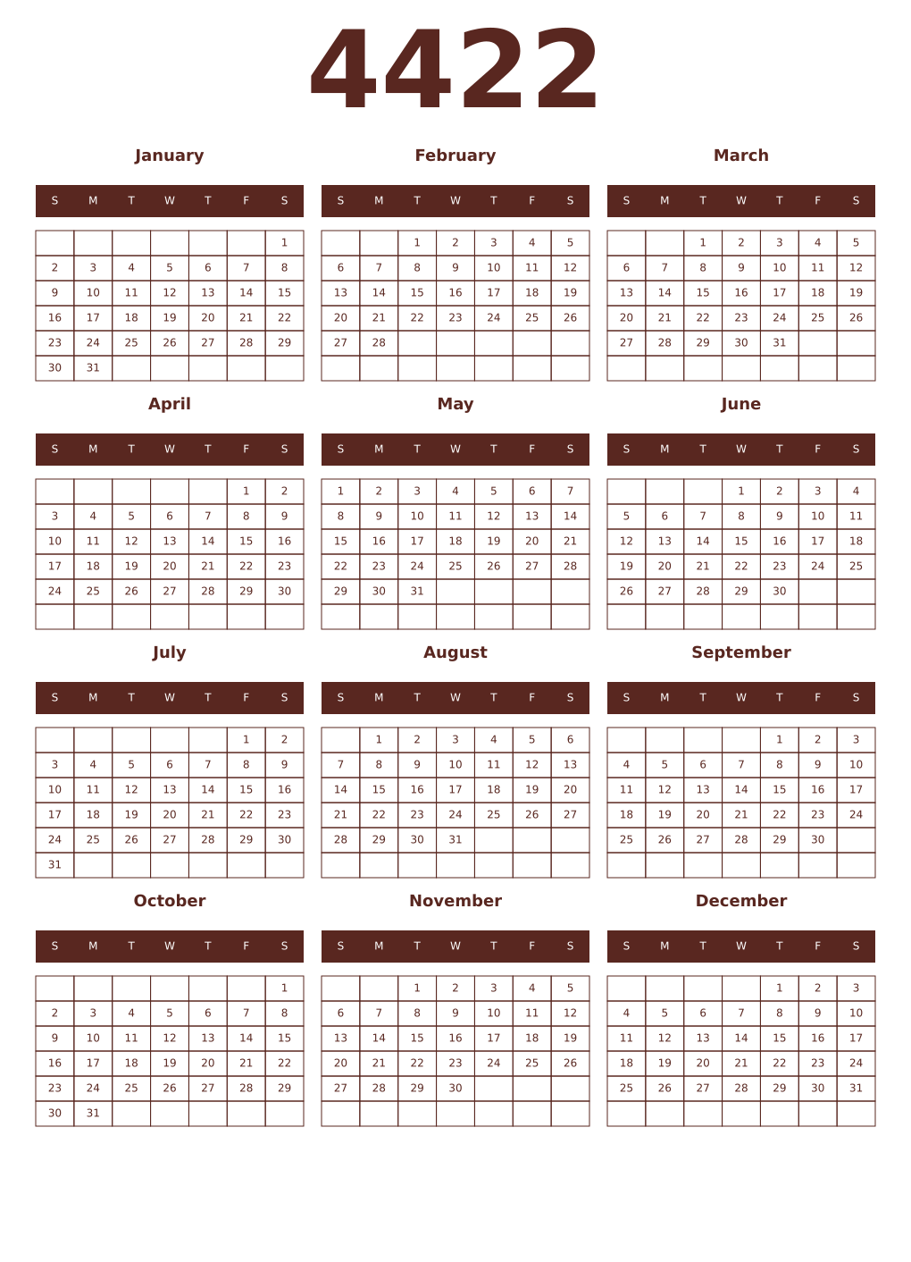 Printable 4422 Year Calendars mortuum
