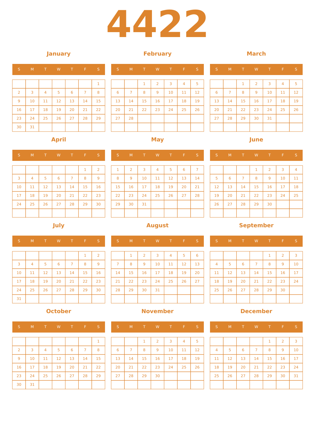 Printable 4422 Year Calendars orange