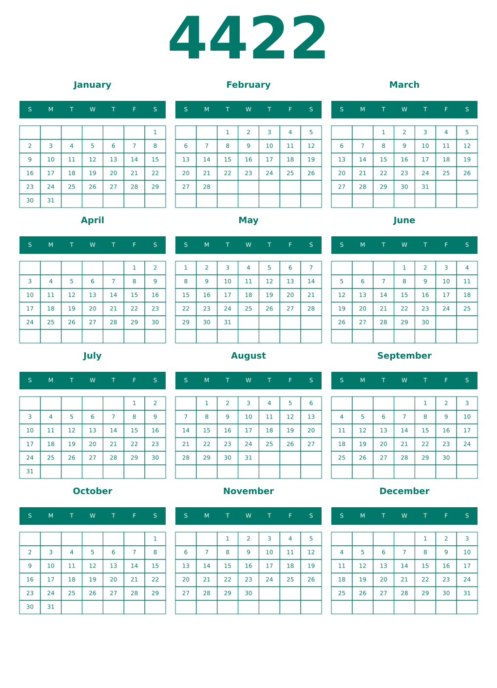 Printable 4422 Year Calendars pastel