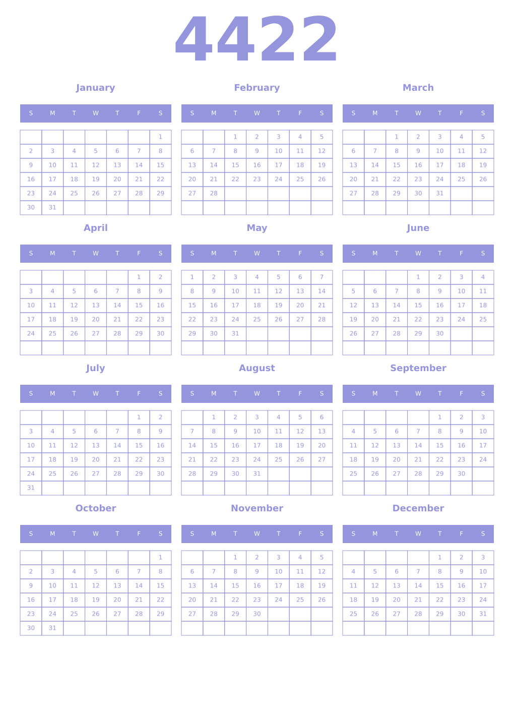 Printable 4422 Year Calendars periwinkle
