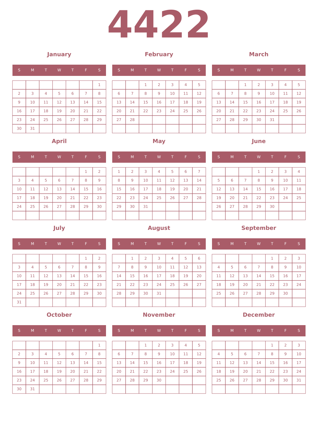 Printable 4422 Year Calendars puce