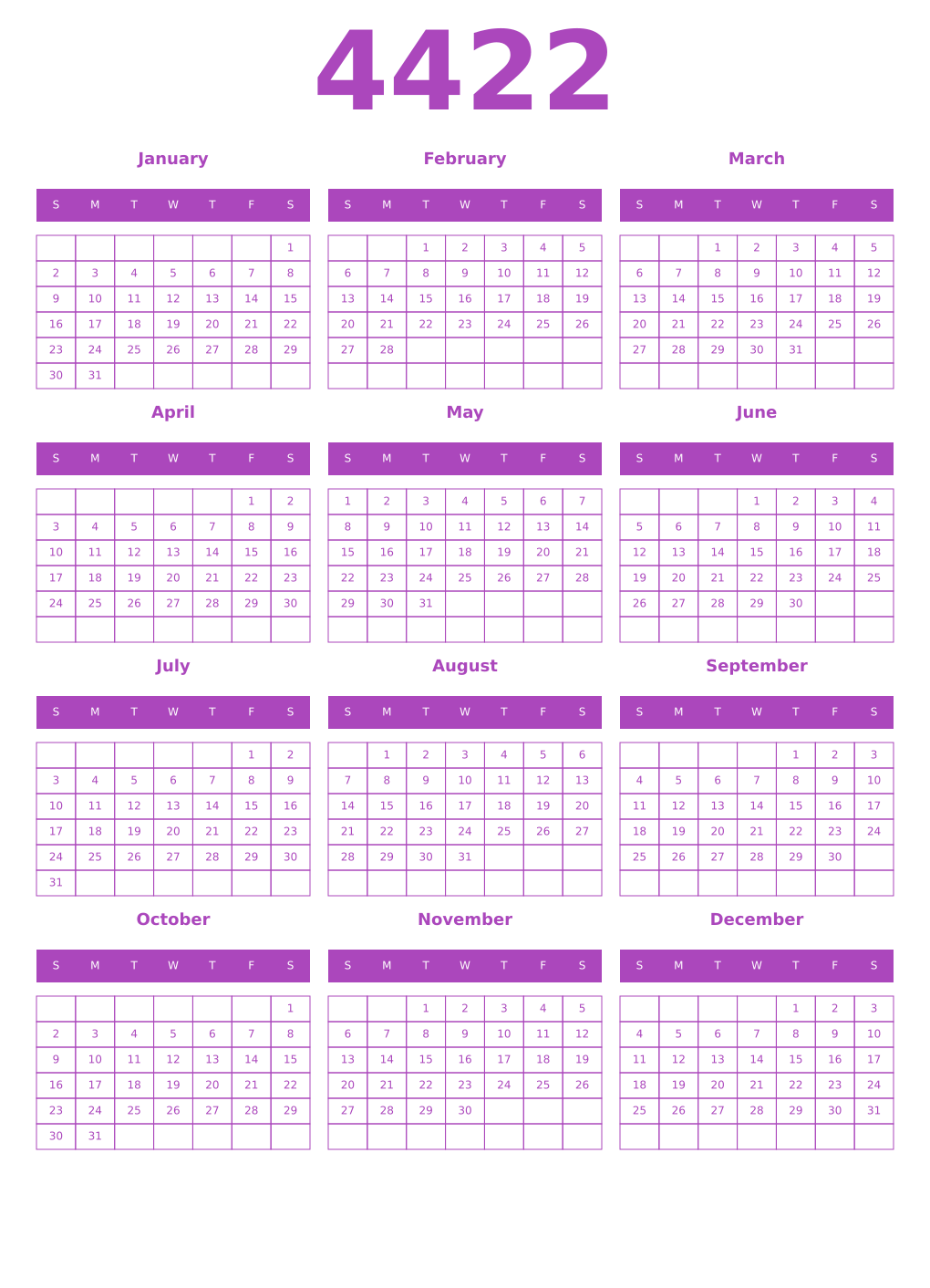 Printable 4422 Year Calendars purple