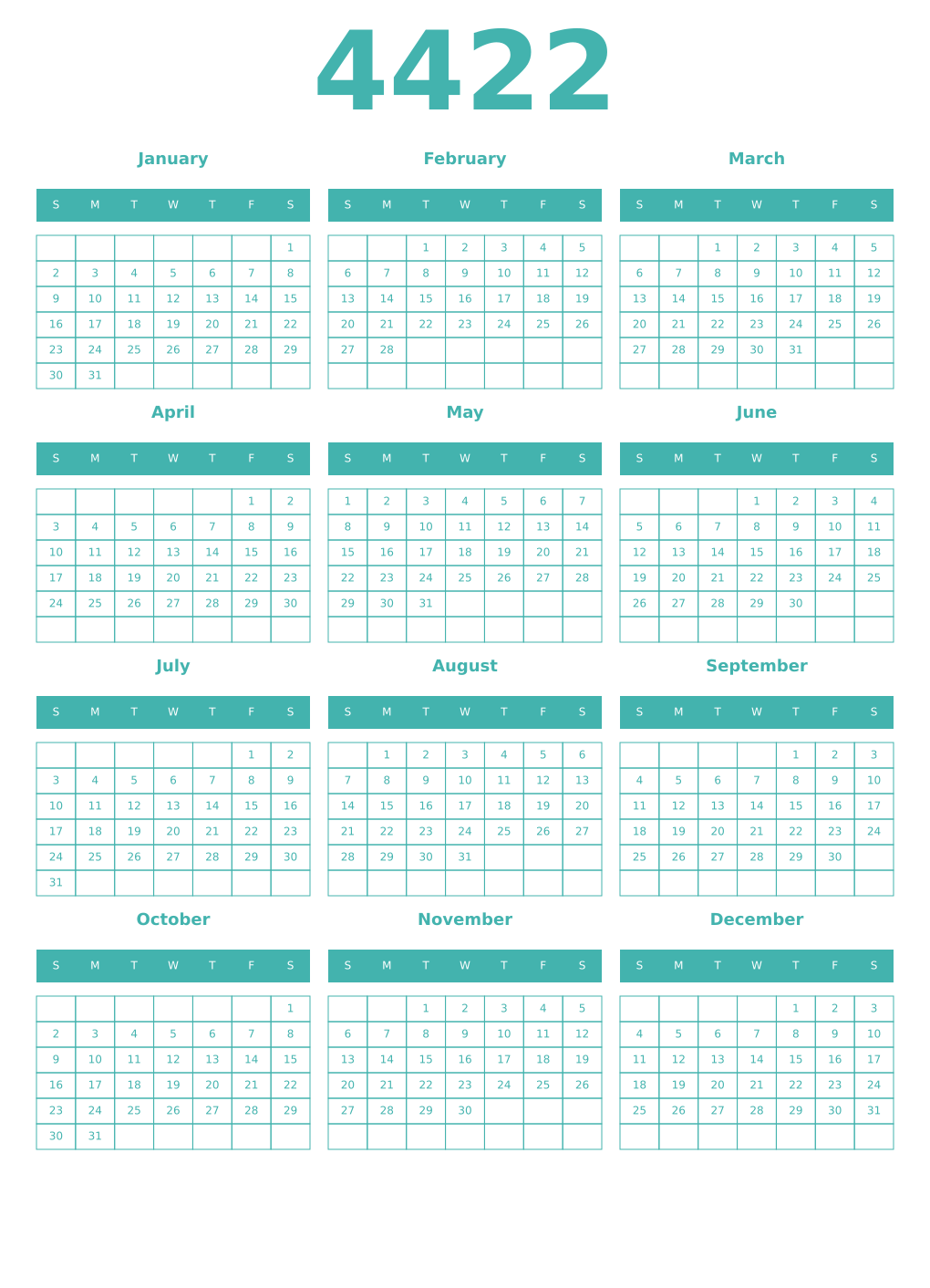 Printable 4422 Year Calendars verdigris