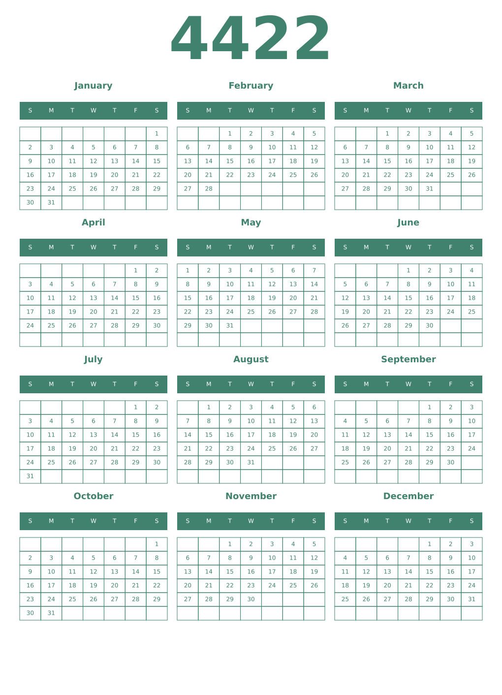 Printable 4422 Year Calendars viridian