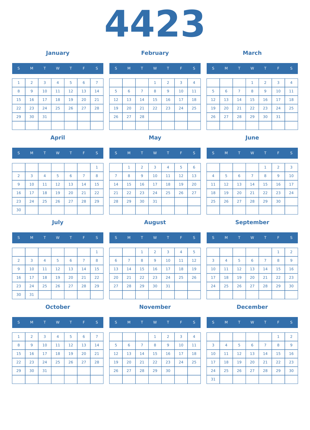Printable 4423 Year Calendars blue