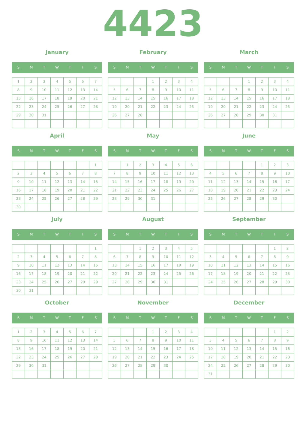 Printable 4423 Year Calendars celadon