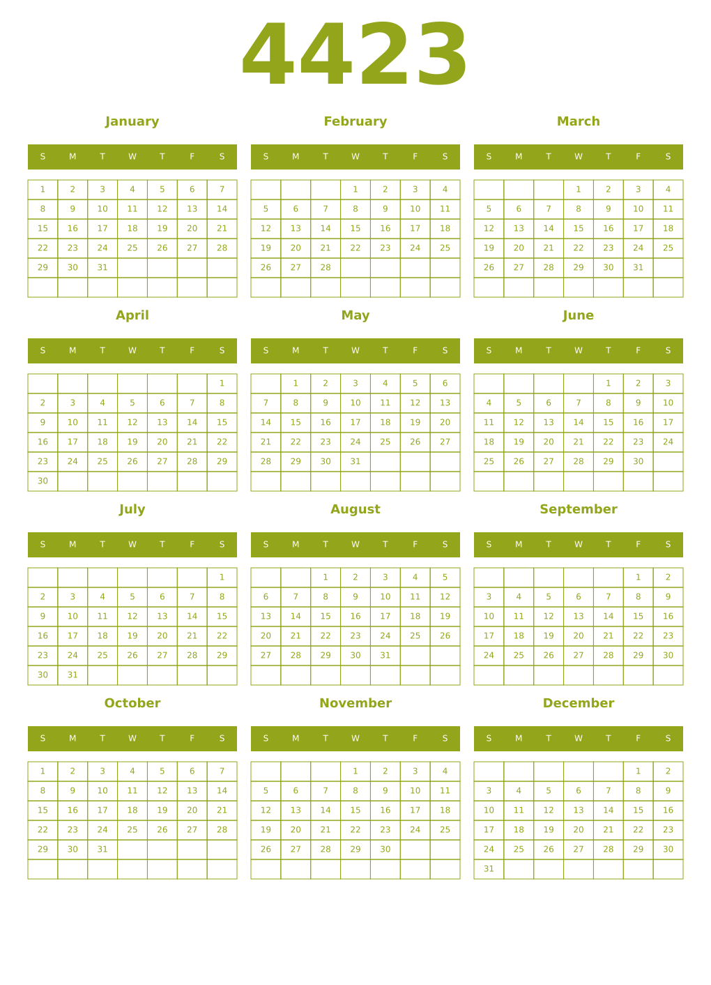 Printable 4423 Year Calendars chartreuse