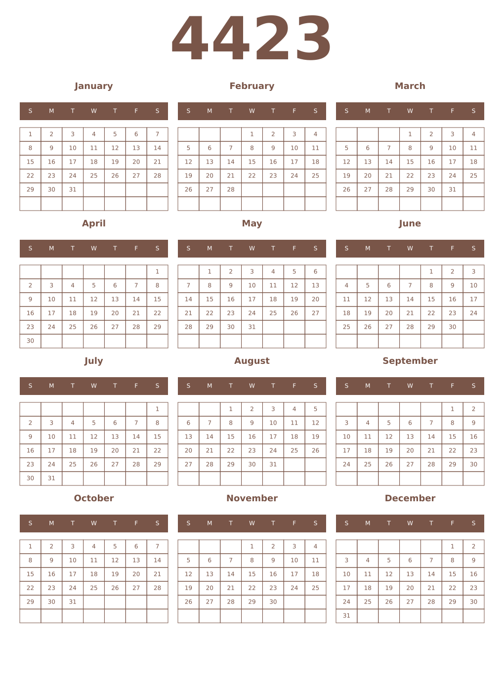 Printable 4423 Year Calendars coffe