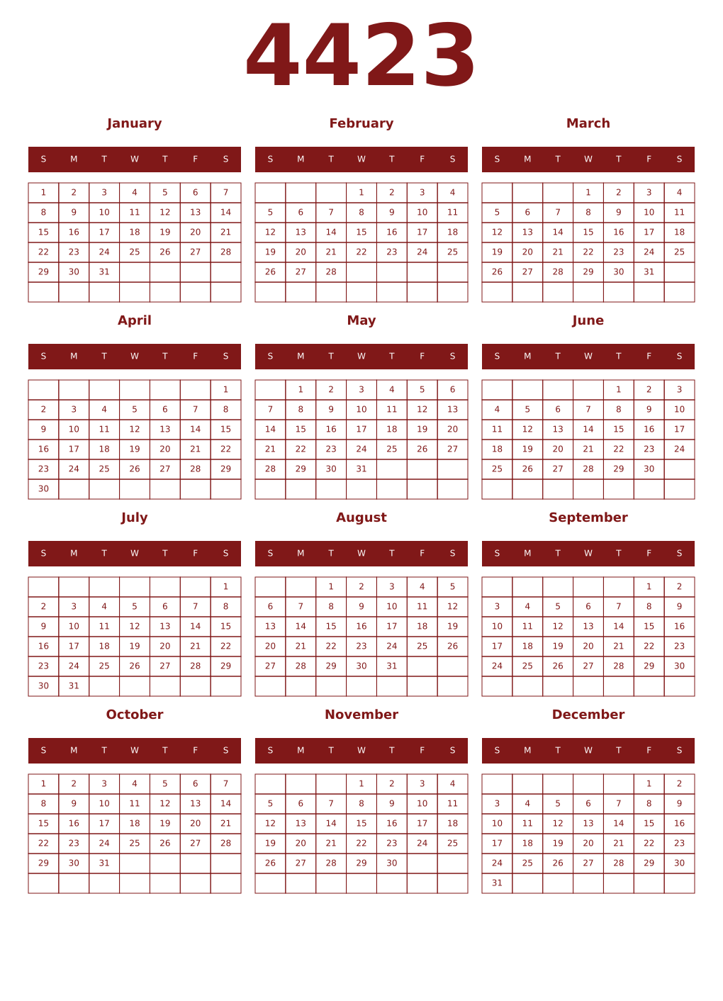 Printable 4423 Year Calendars falu
