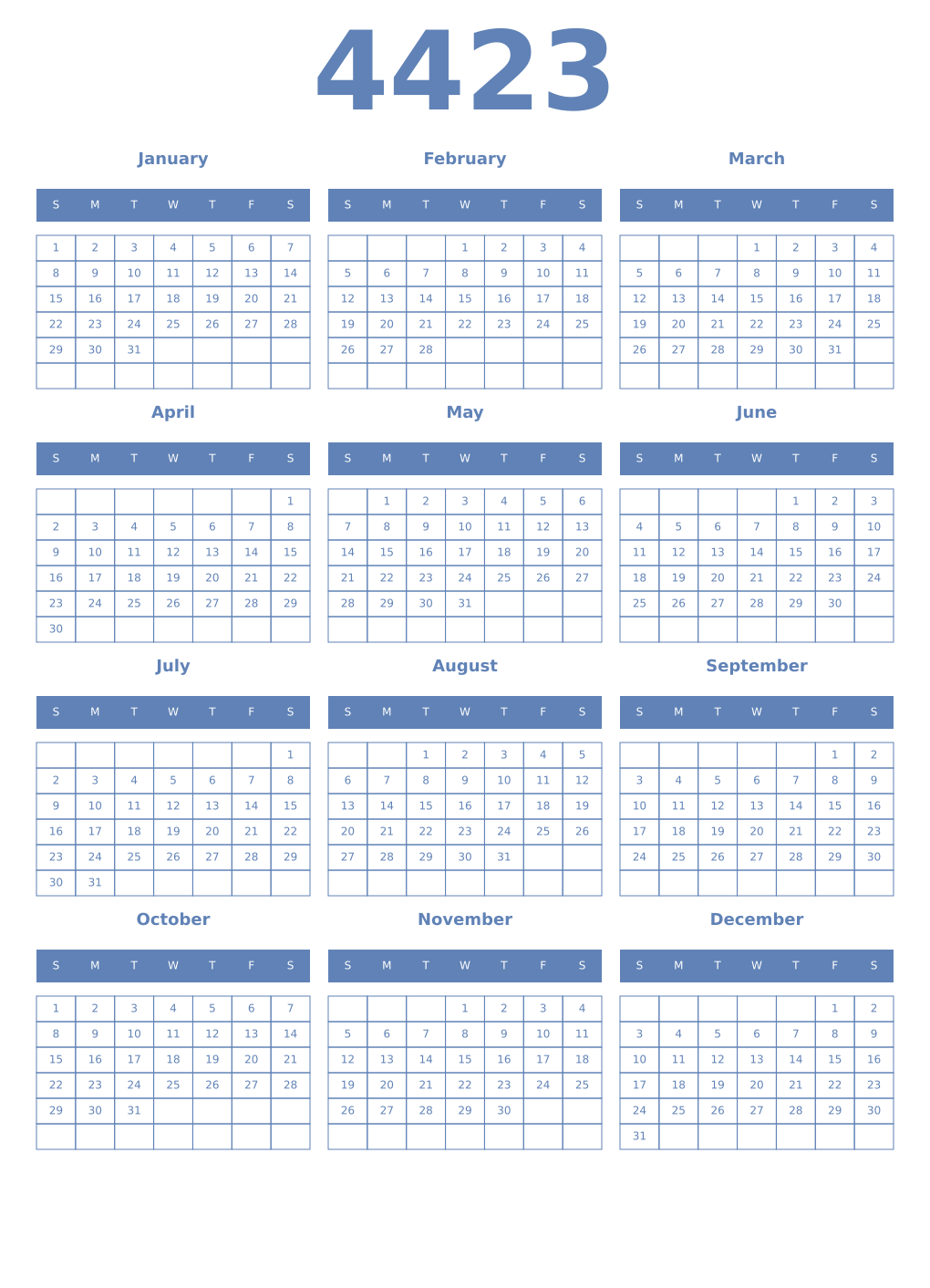 Printable 4423 Year Calendars glaucous