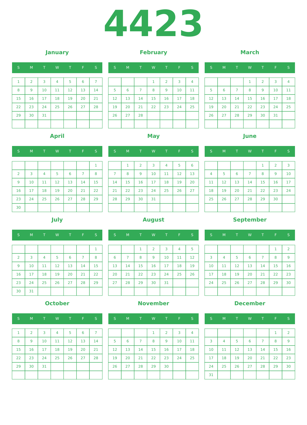 Printable 4423 Year Calendars green