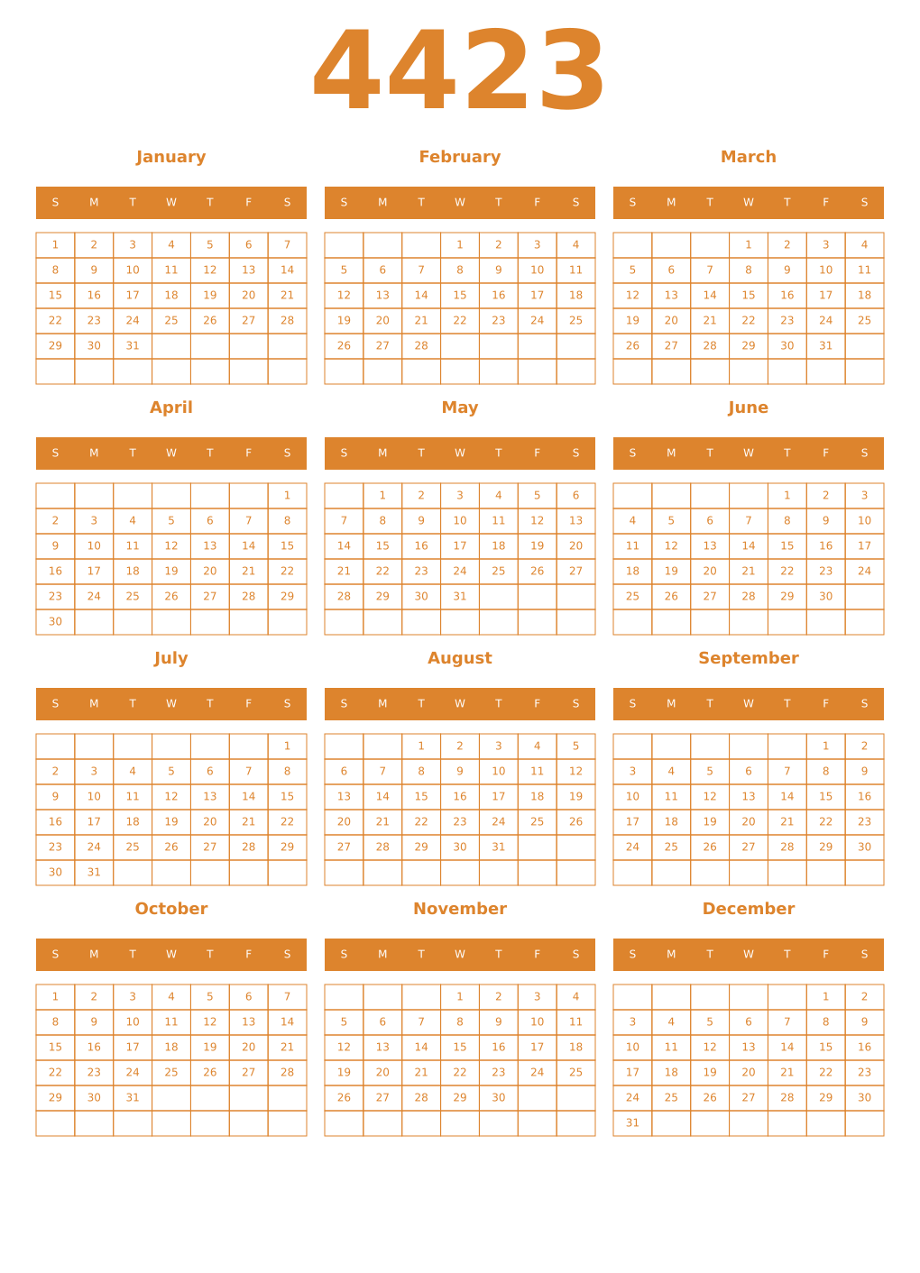 Printable 4423 Year Calendars orange