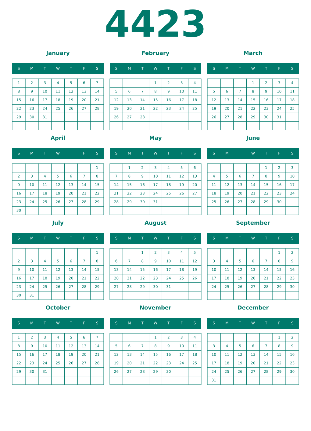 Printable 4423 Year Calendars pastel