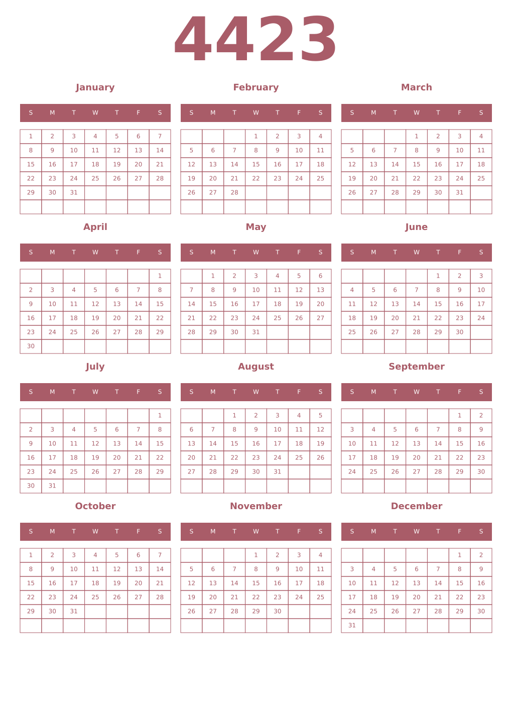Printable 4423 Year Calendars puce