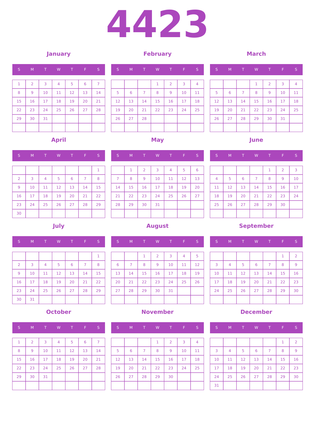 Printable 4423 Year Calendars purple