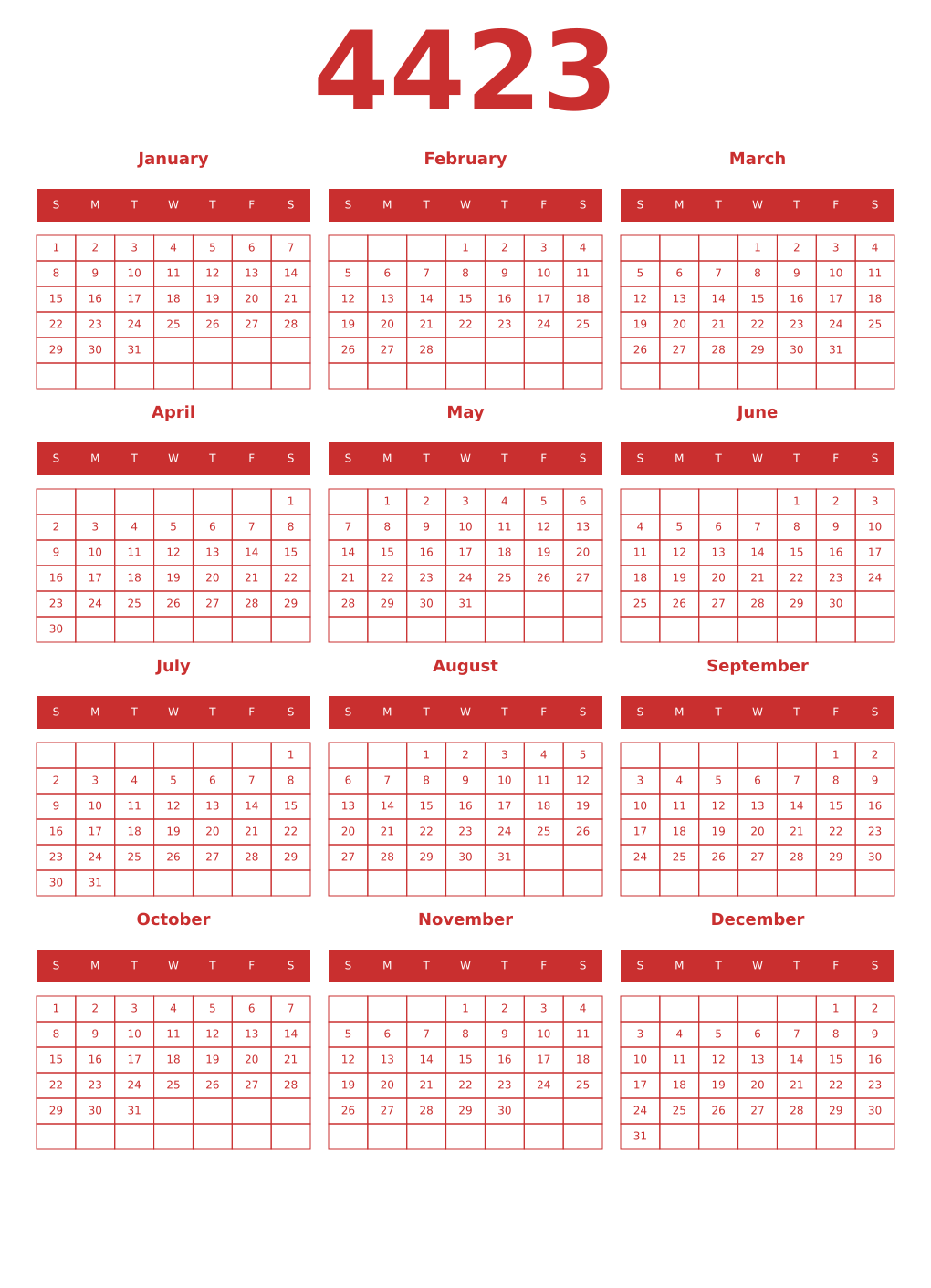 Printable 4423 Year Calendars red
