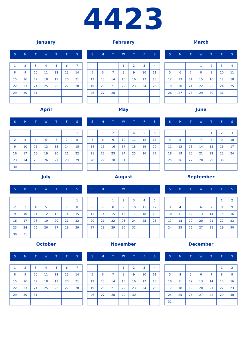 Printable 4423 Year Calendars smalt