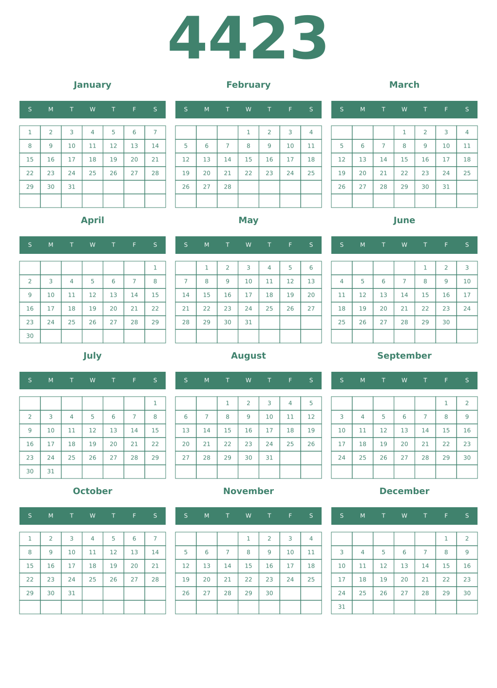 Printable 4423 Year Calendars viridian
