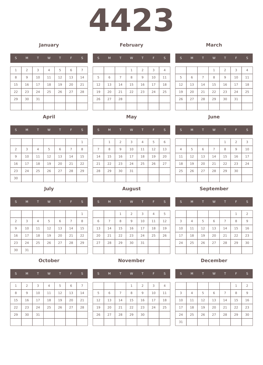 Printable 4423 Year Calendars wenge