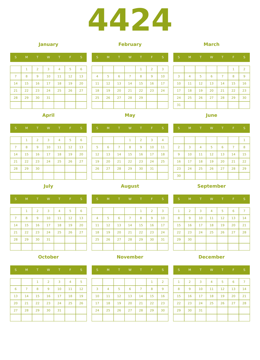 Printable 4424 Year Calendars chartreuse