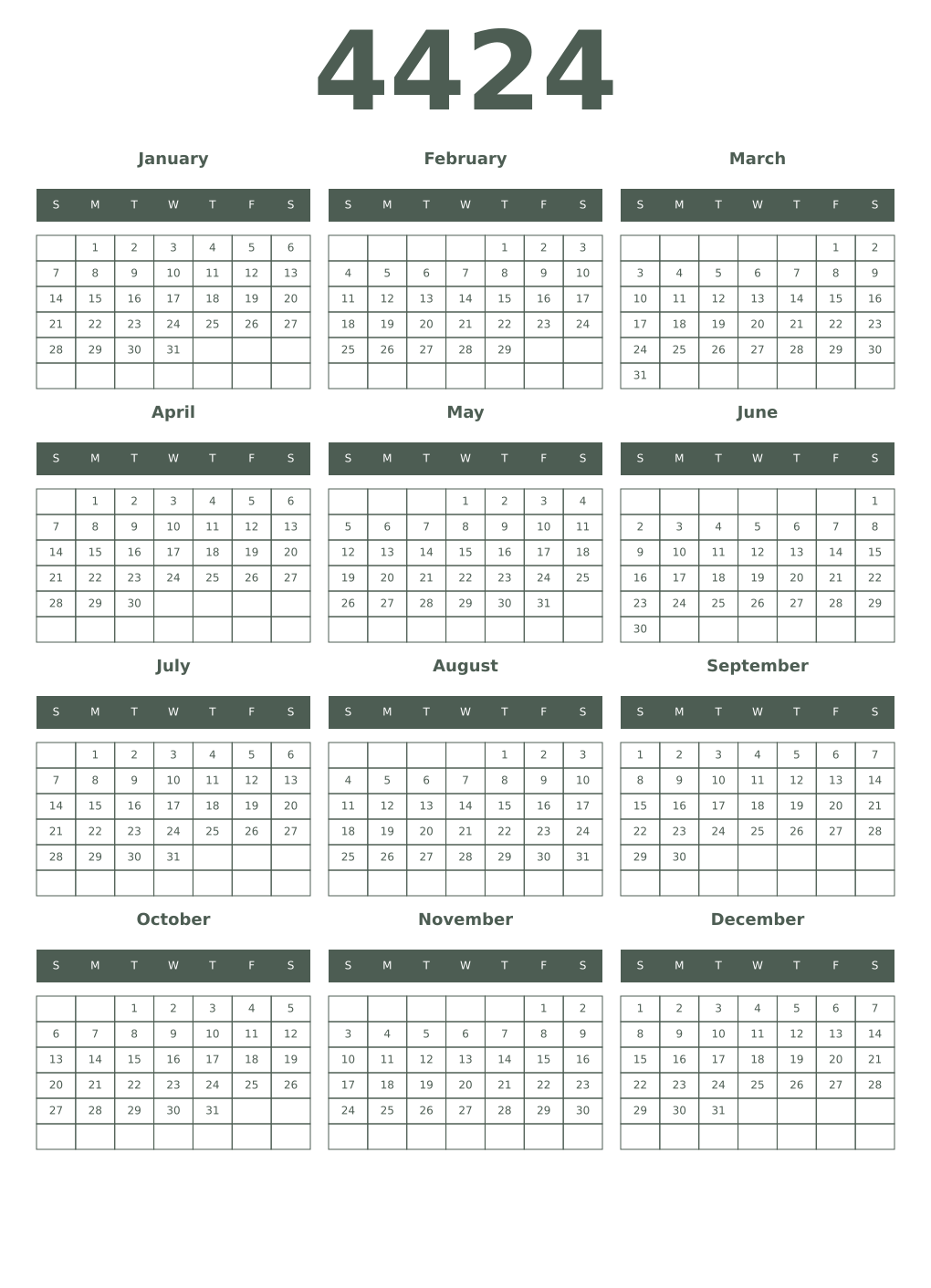 Printable 4424 Year Calendars feldgrau