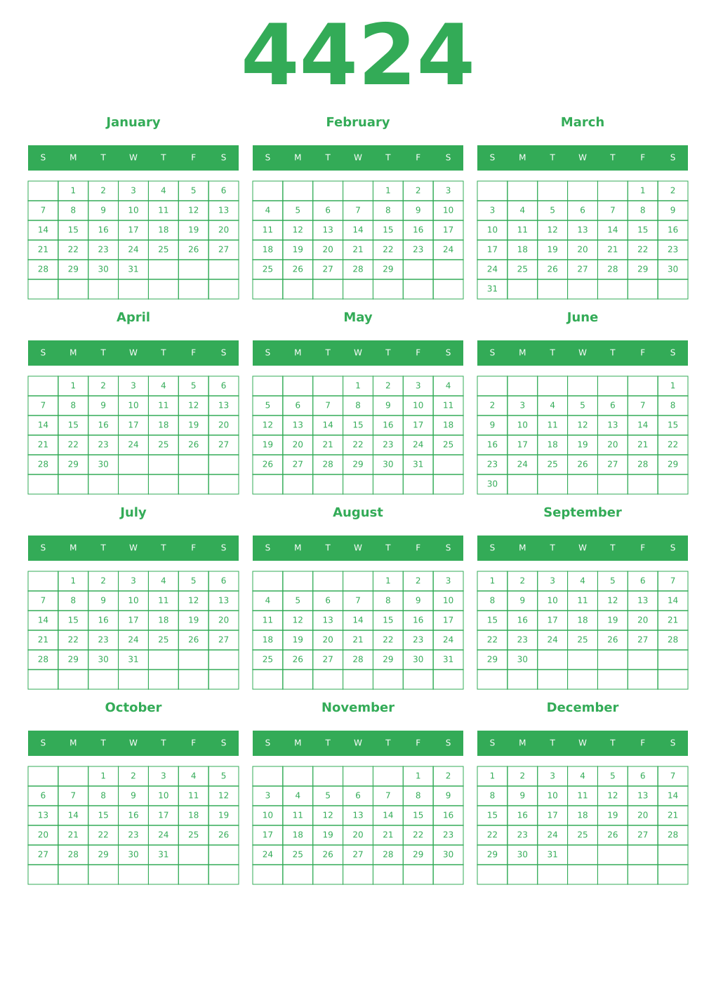 Printable 4424 Year Calendars green