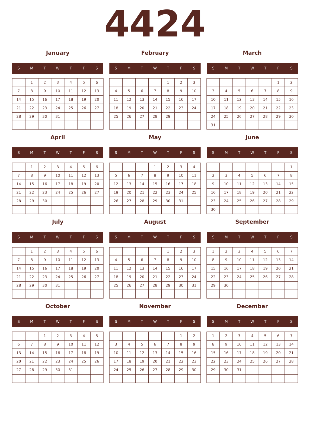 Printable 4424 Year Calendars mortuum