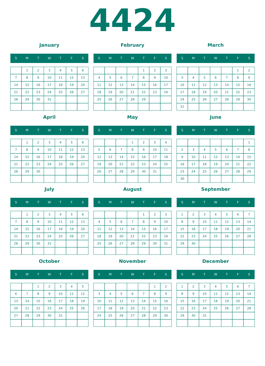 Printable 4424 Year Calendars pastel