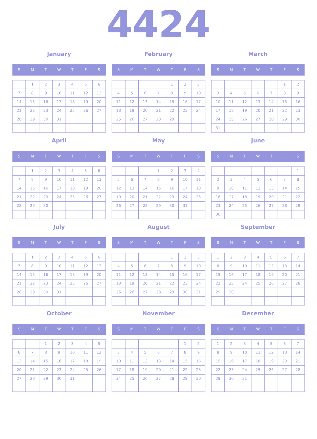 Printable 4424 Year Calendars periwinkle