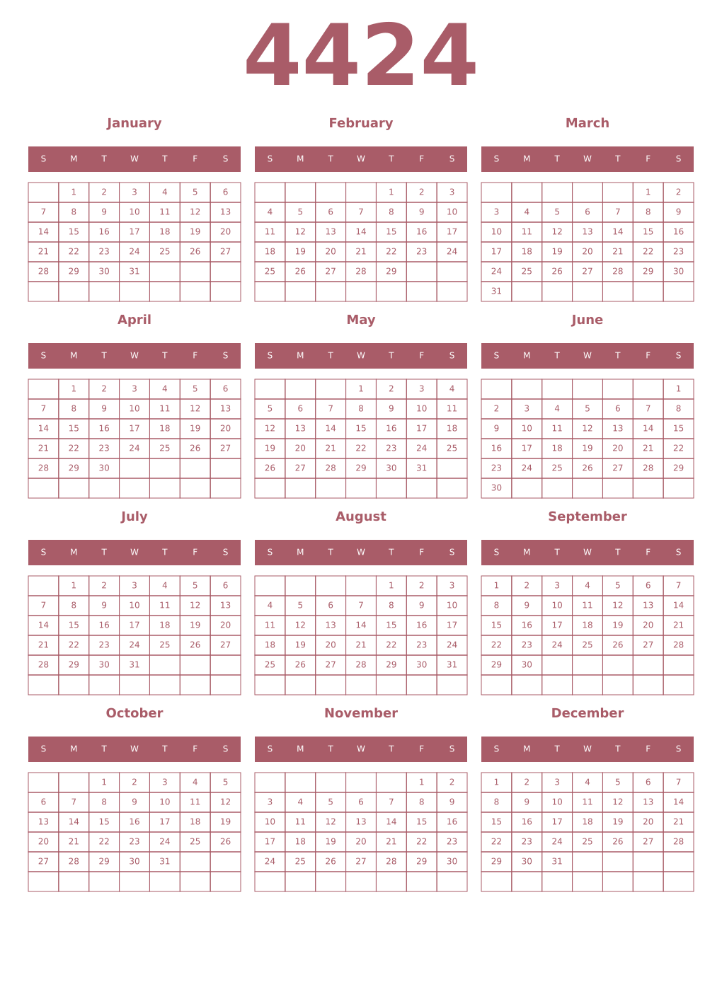Printable 4424 Year Calendars puce
