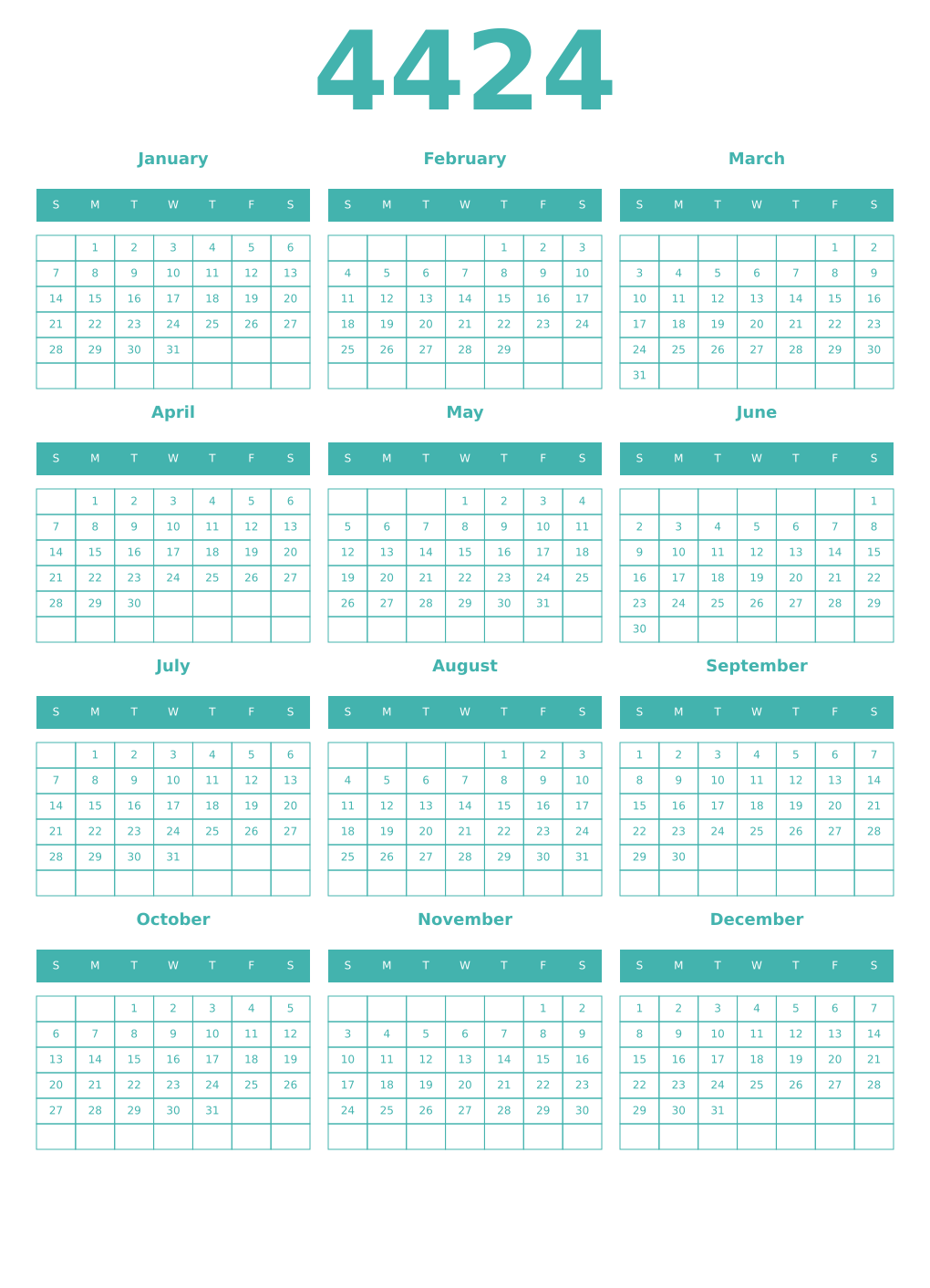 Printable 4424 Year Calendars verdigris