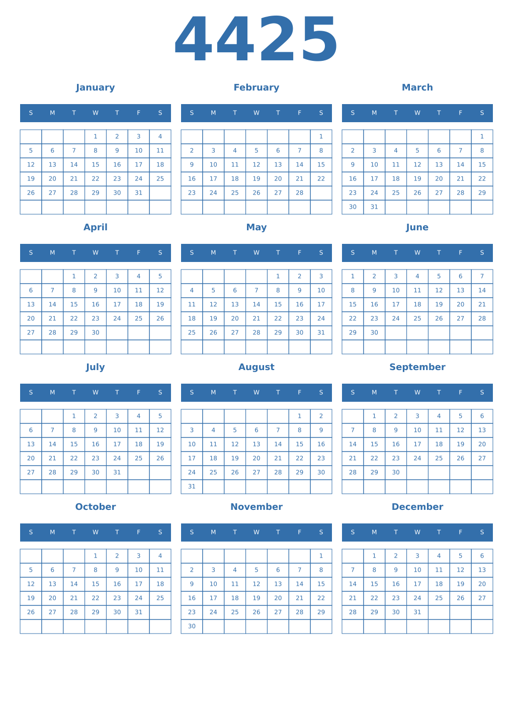 Printable 4425 Year Calendars blue