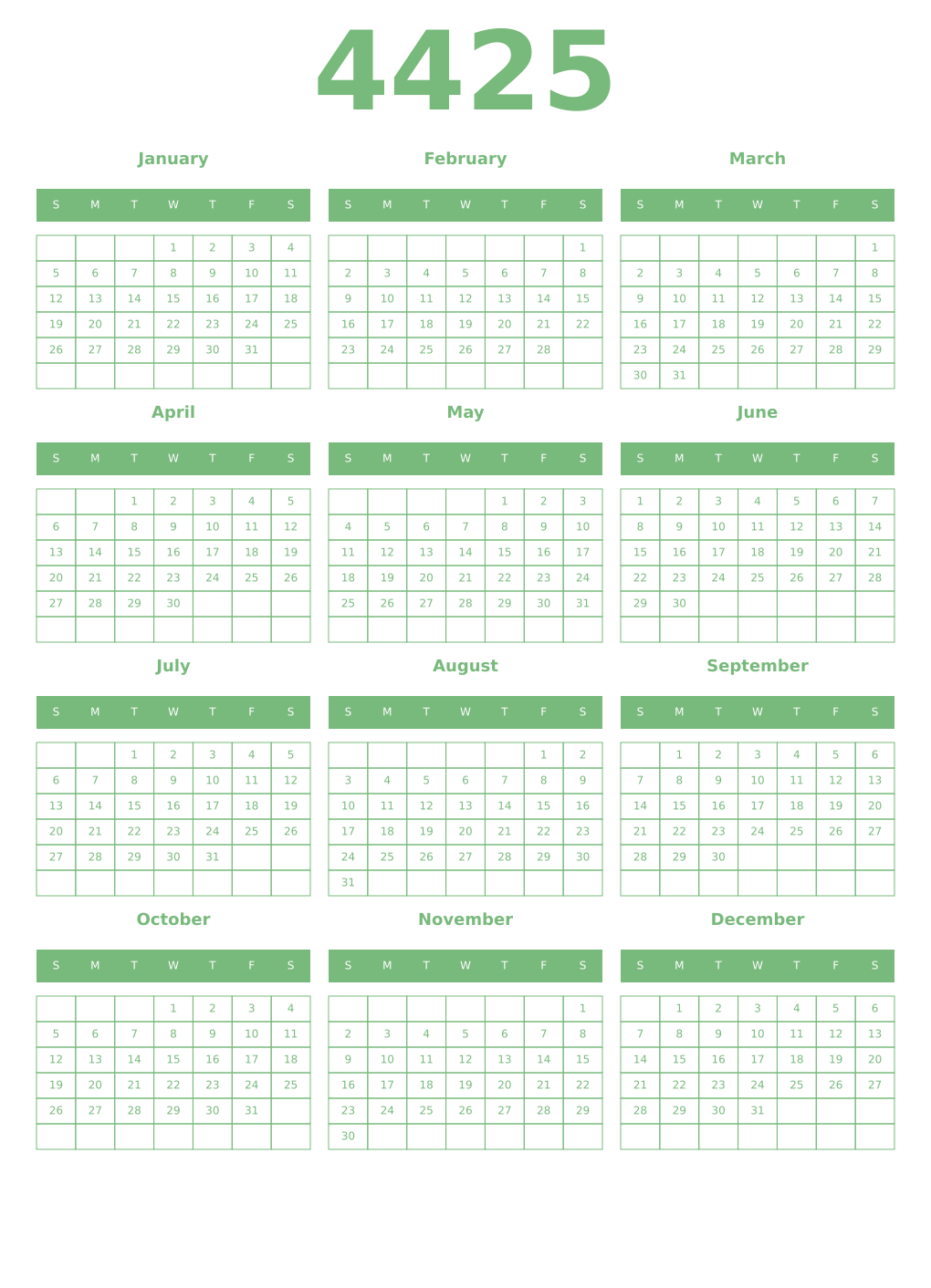Printable 4425 Year Calendars celadon