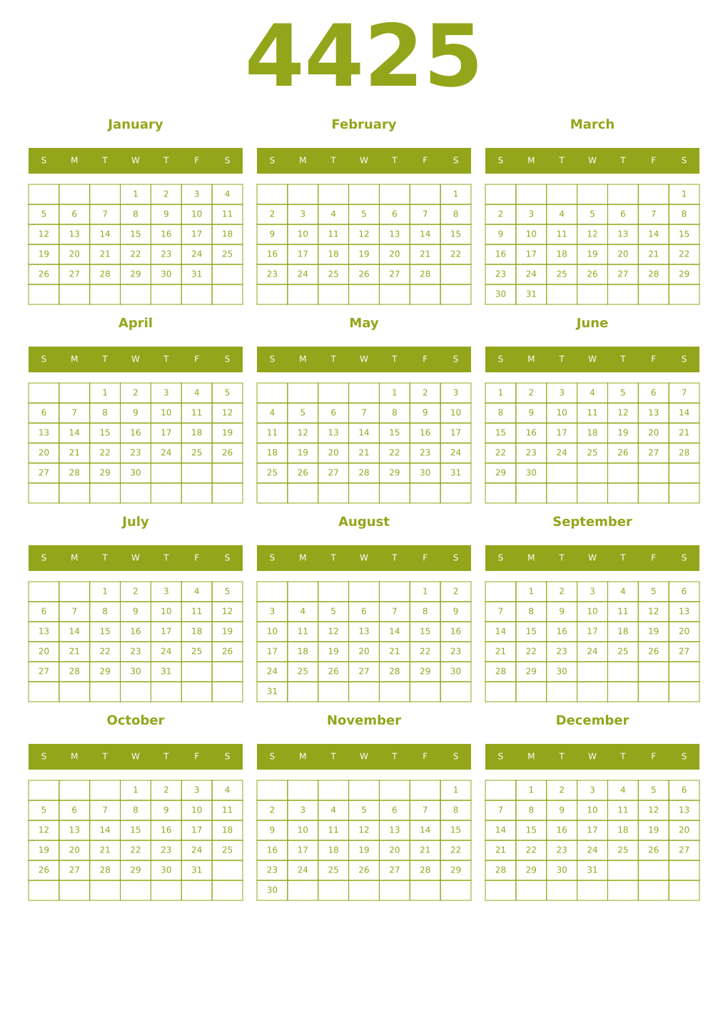 Printable 4425 Year Calendars chartreuse