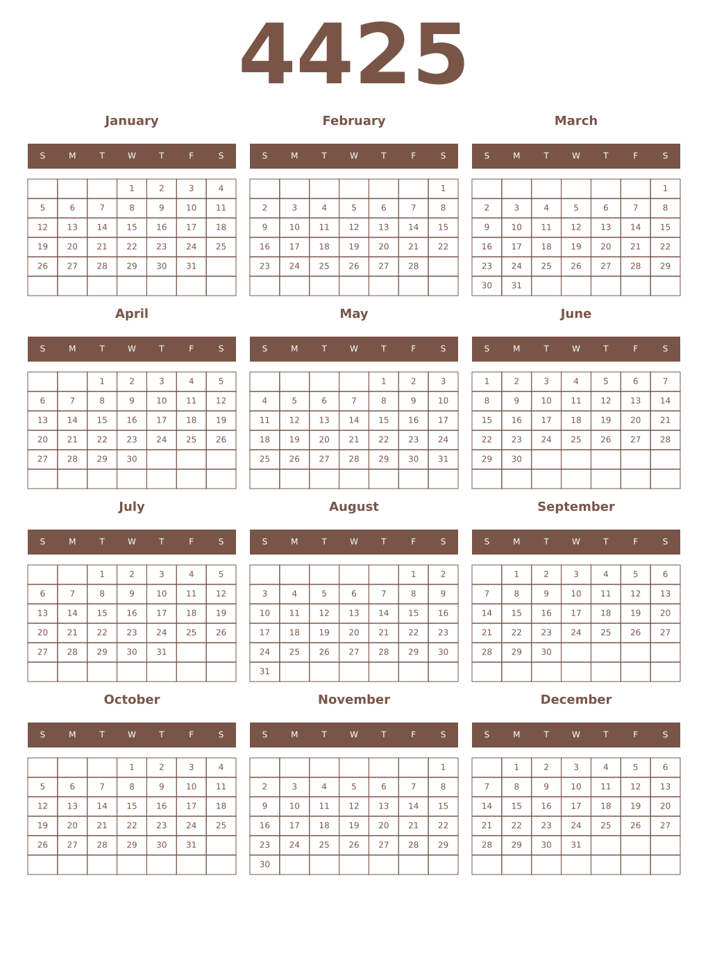 Printable 4425 Year Calendars coffe