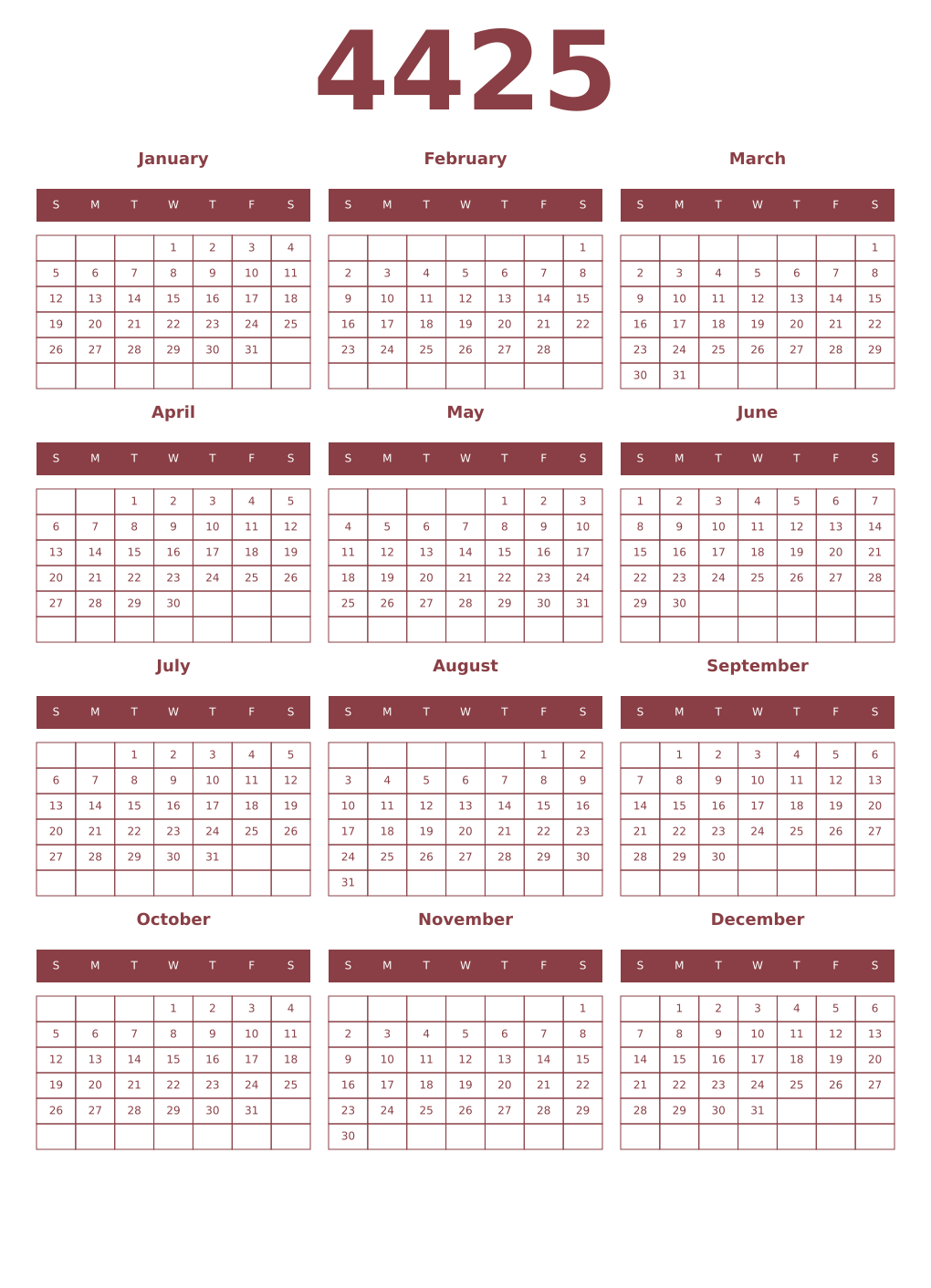 Printable 4425 Year Calendars cordovan