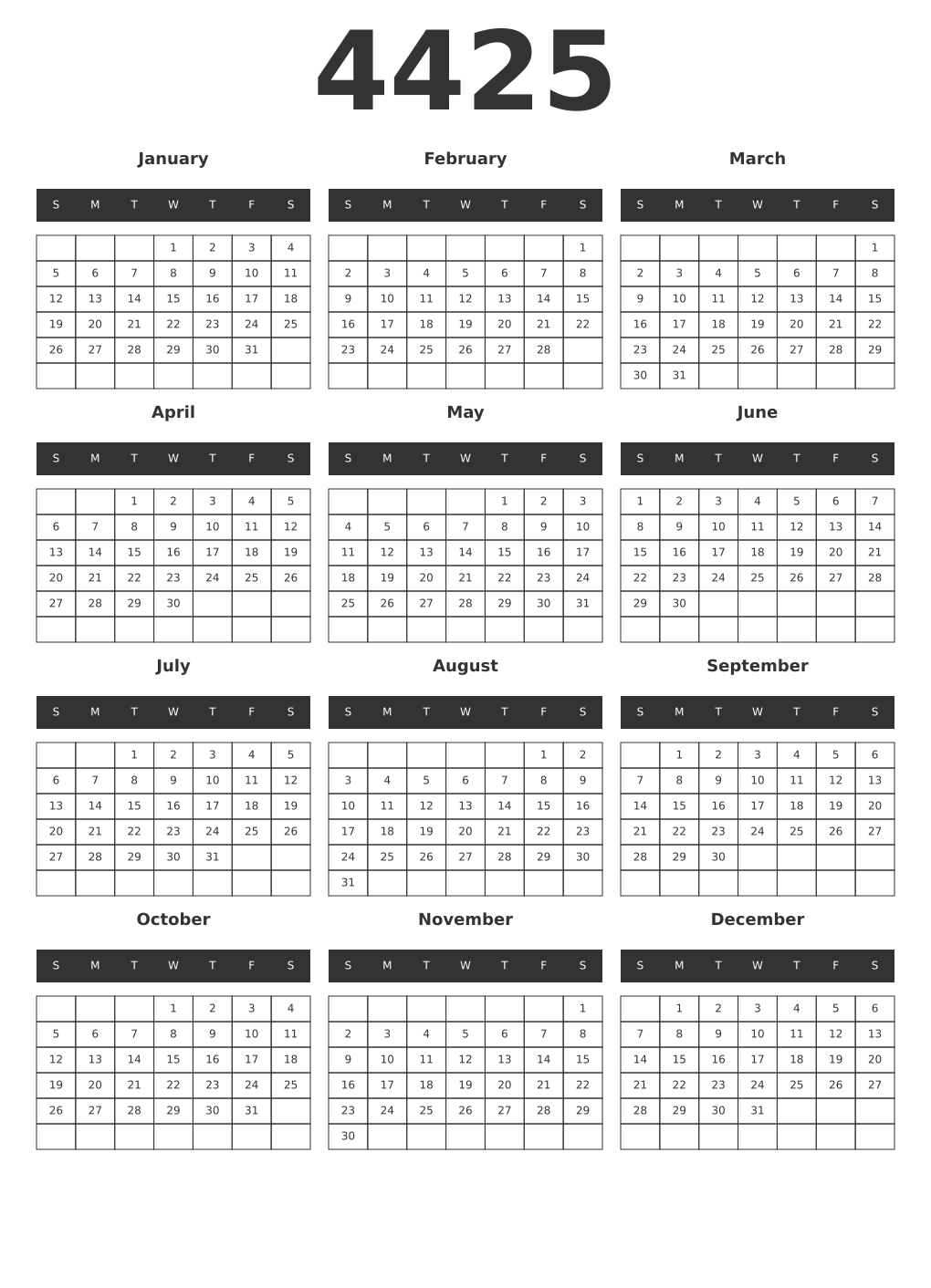 Printable 4425 Year Calendars dark