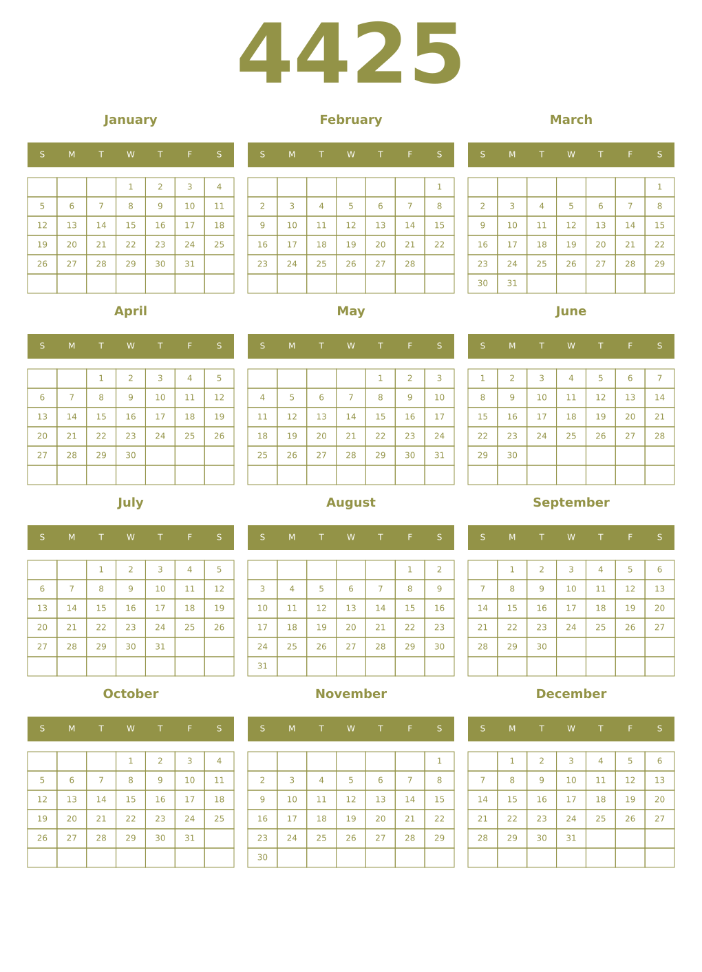 Printable 4425 Year Calendars eburnean