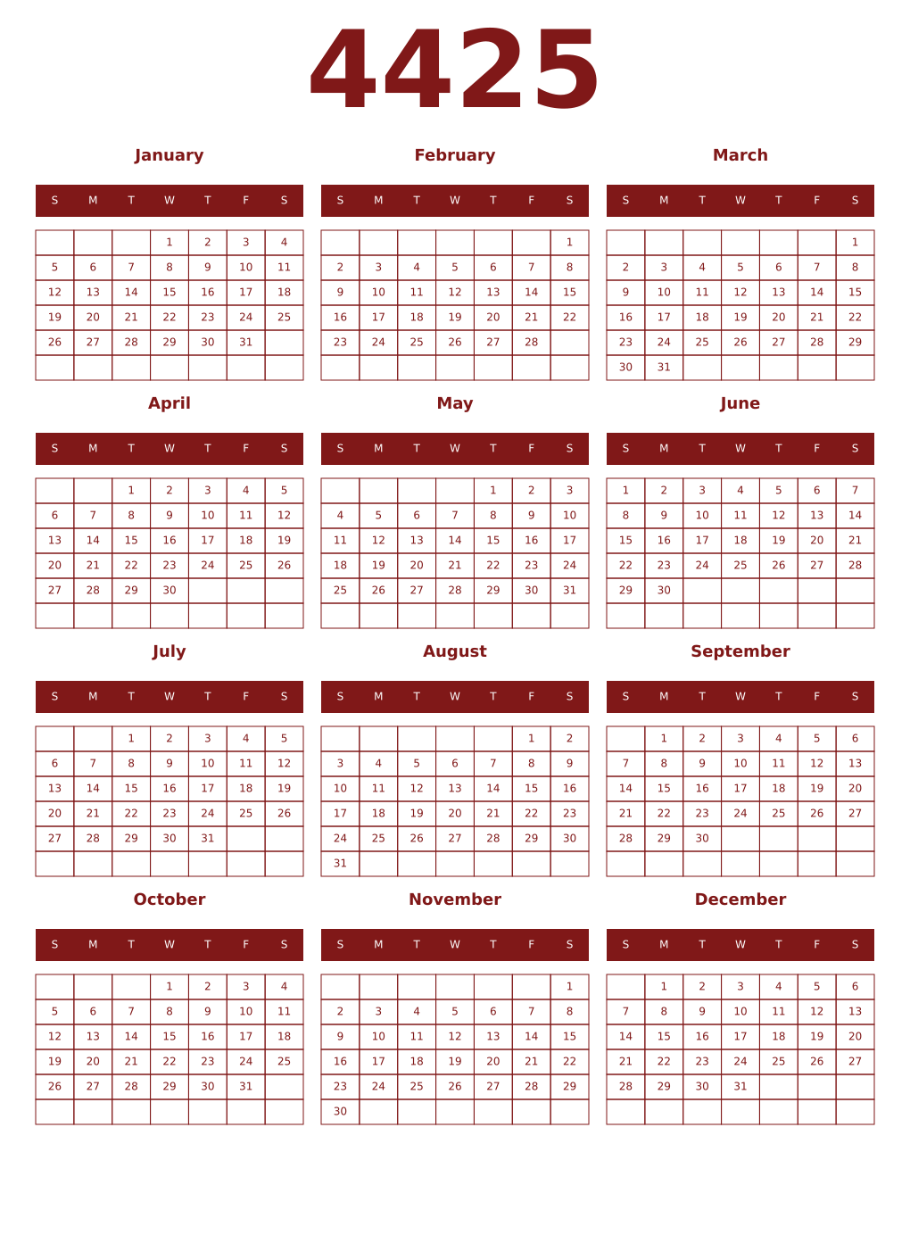 Printable 4425 Year Calendars falu