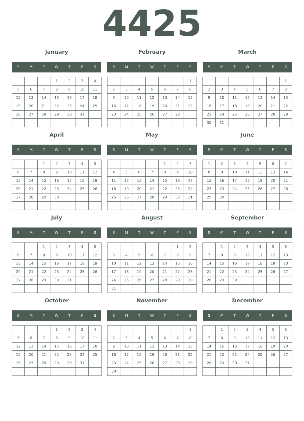 Printable 4425 Year Calendars feldgrau