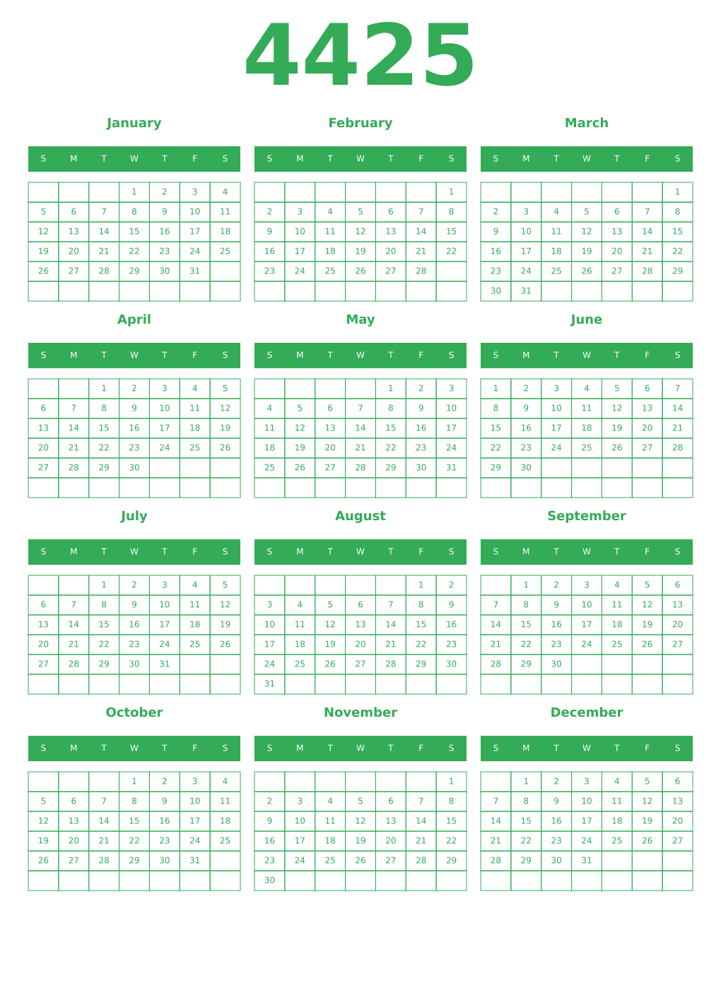 Printable 4425 Year Calendars green