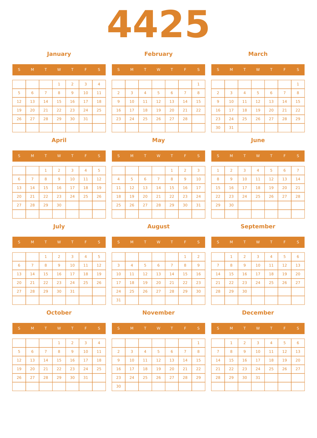 Printable 4425 Year Calendars orange