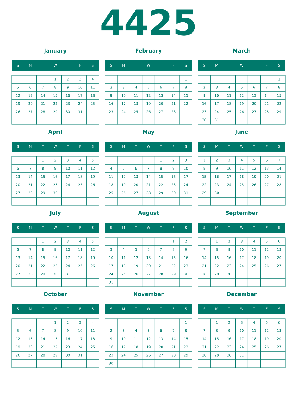 Printable 4425 Year Calendars pastel