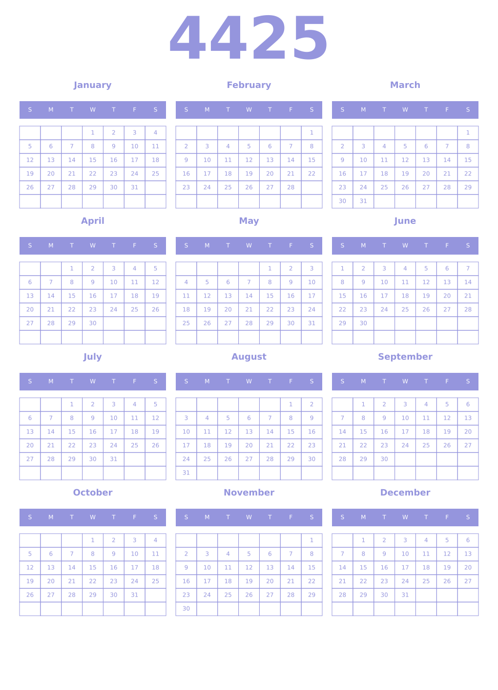 Printable 4425 Year Calendars periwinkle