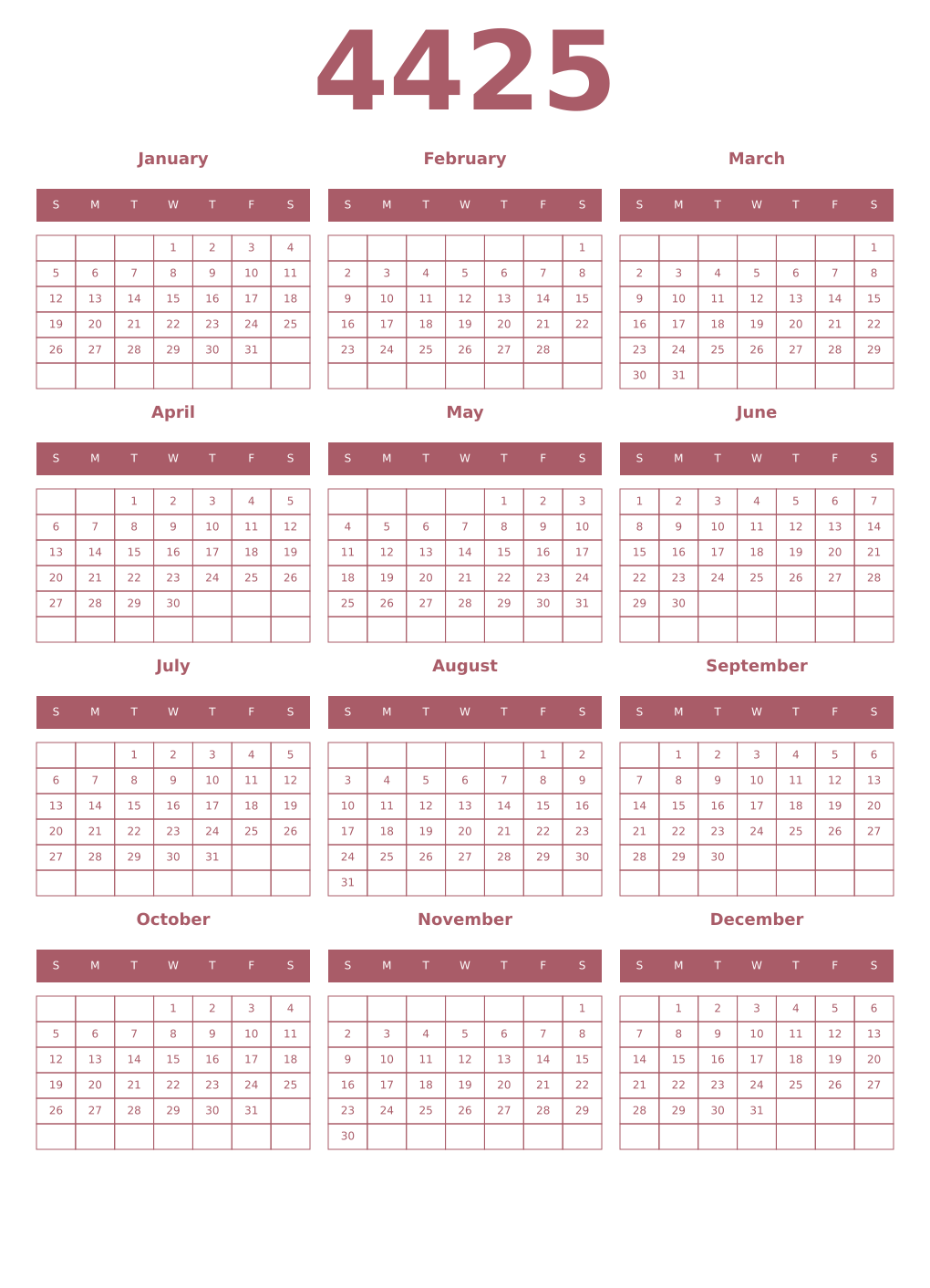 Printable 4425 Year Calendars puce