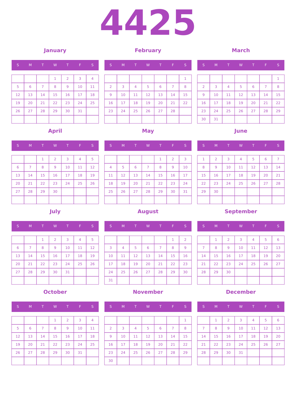 Printable 4425 Year Calendars purple